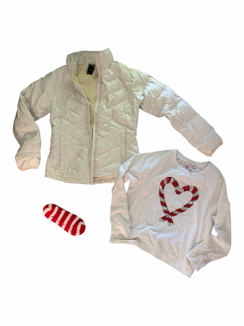 The North Face Women's White Puffer M Jacket With Heart Sweatshirt L